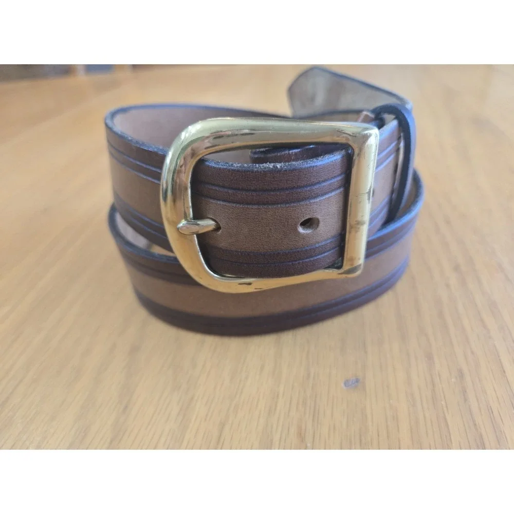 VTG Scovill Belt Mens 36 2 Tone Brown Leather EUC Gorgeous Brass Buckle